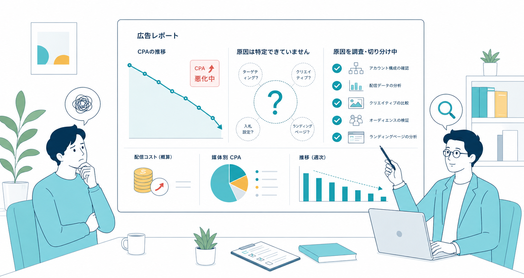 CPAが悪化しているが原因を特定できていない広告レポートと、アカウント構成・配信データ・クリエイティブ・オーディエンス・ランディングページを調査して原因を切り分けている様子を表したイラスト