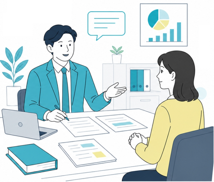 士業の先生が事務所で書類を広げて相談者と向き合っているイメージ