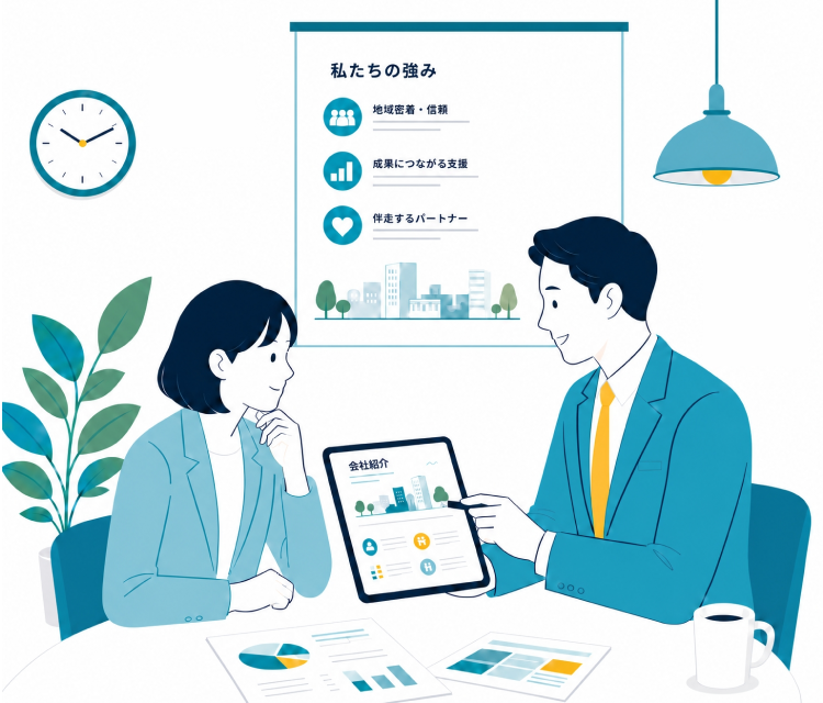 採用面接で社長と応募者が会社の説明資料を見ながら話しているイメージ