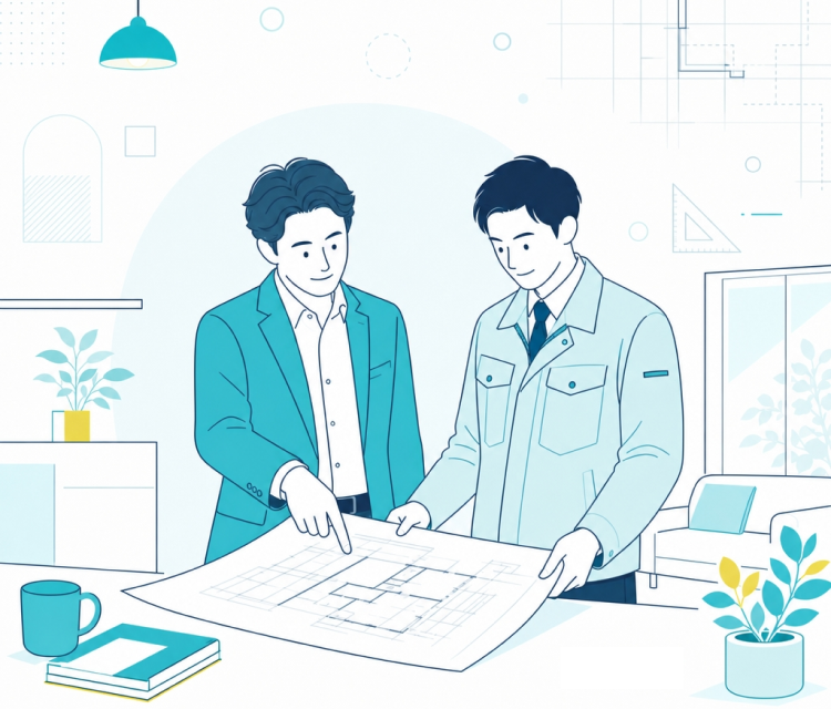 工務店の社長と現場監督が住宅リノベーションの図面を確認しているイメージ
