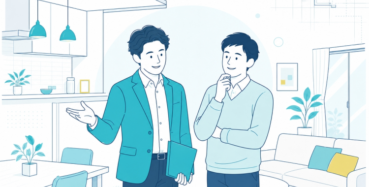 工務店の社長と施主が完成した住宅リノベーションを確認しているイメージ